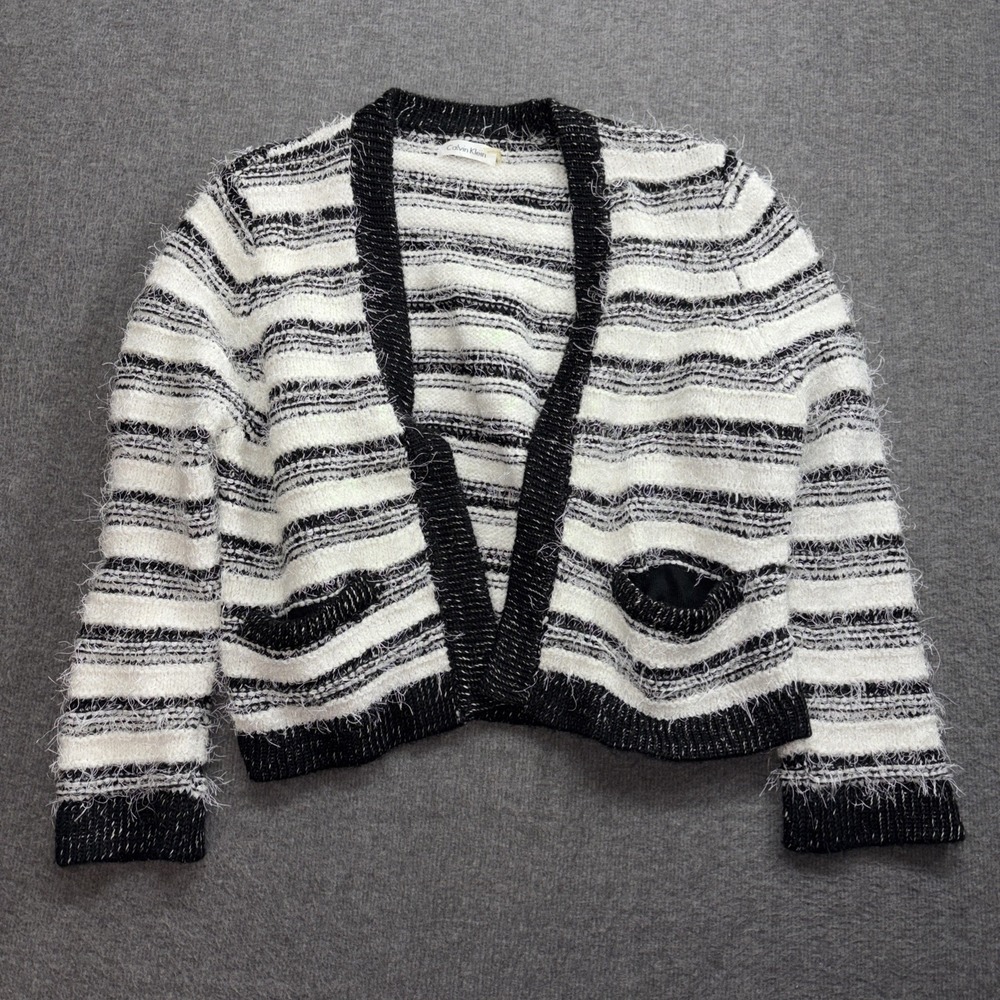 Calvin Klein‎ black and white striped eyelash knit open-front cardigan Large